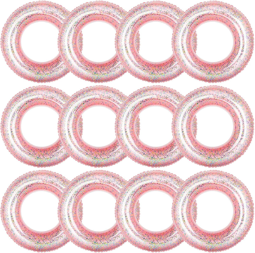 12 Pcs Summer Swim Rings with Glitter Fun Inflatable Pool Float Round Shaped Swimming Pool Tubes for Beach Party Supplies