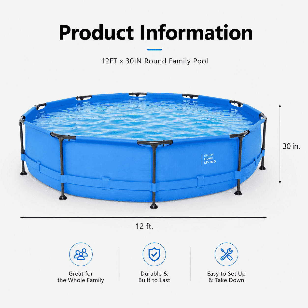 Seizeen Above Ground Swimming Pools, Large Round Frame Outdoor Pool w/Sturdy Iron Support for Backyard, Patio & Garden, Easy Setup Family Pool for Kids and Adults Summer Water Fun