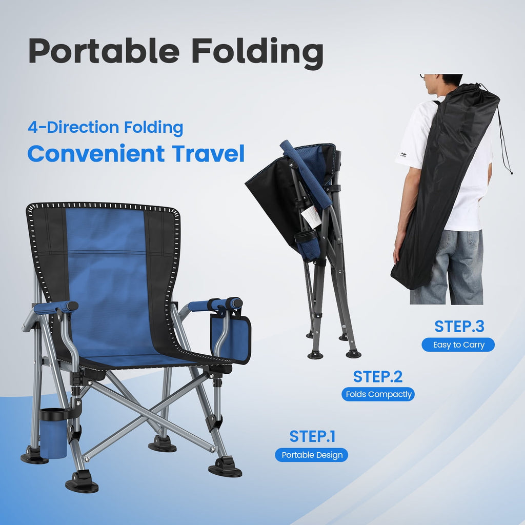 LNOW Folding Camping Chair with Cup Holder & Side Pocket Lightweight Portable Chairs for Beach, Sports, Fishing, ‌‌Black