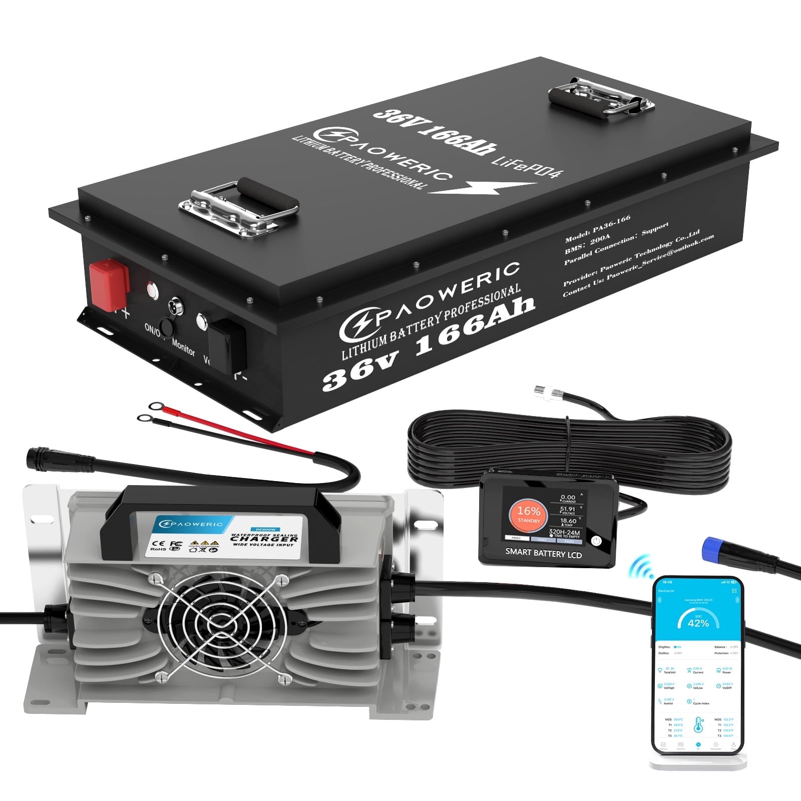 Paoweric 48V 100Ah LiFePO4 Lithium Golf Cart Battery with Charger, Perfect for Golf Cart, Trolling Motor