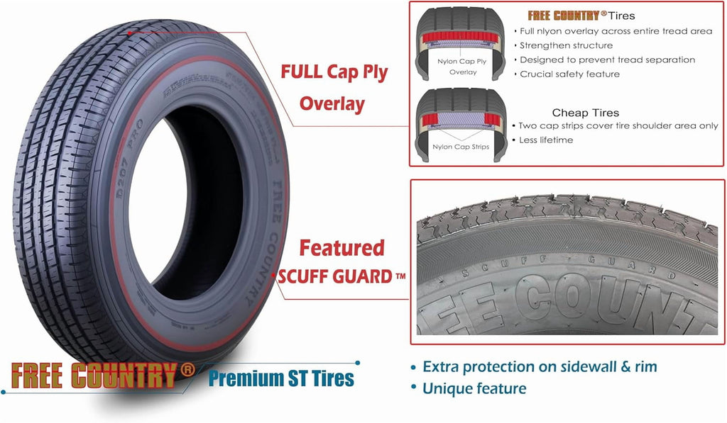 Free Country ST 205/75R15 8 Ply /Load Range D w/Scuff Guard Trailer Tires, Set of 4