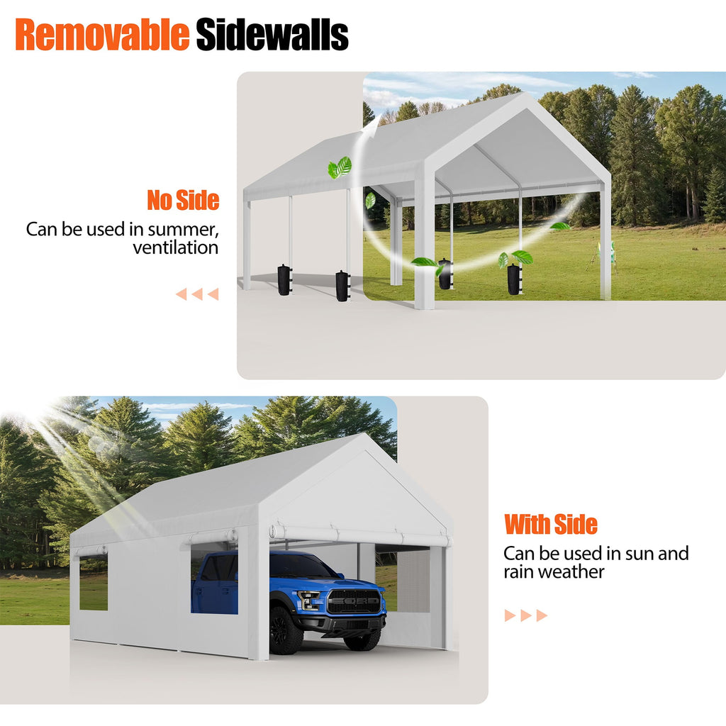 Walsunny 10x20 ft Carport with 4 Sandbags Heavy Duty Car Canopy with Roll-up Windows Portable Garage with Removable Sidewalls & Doors Khaki