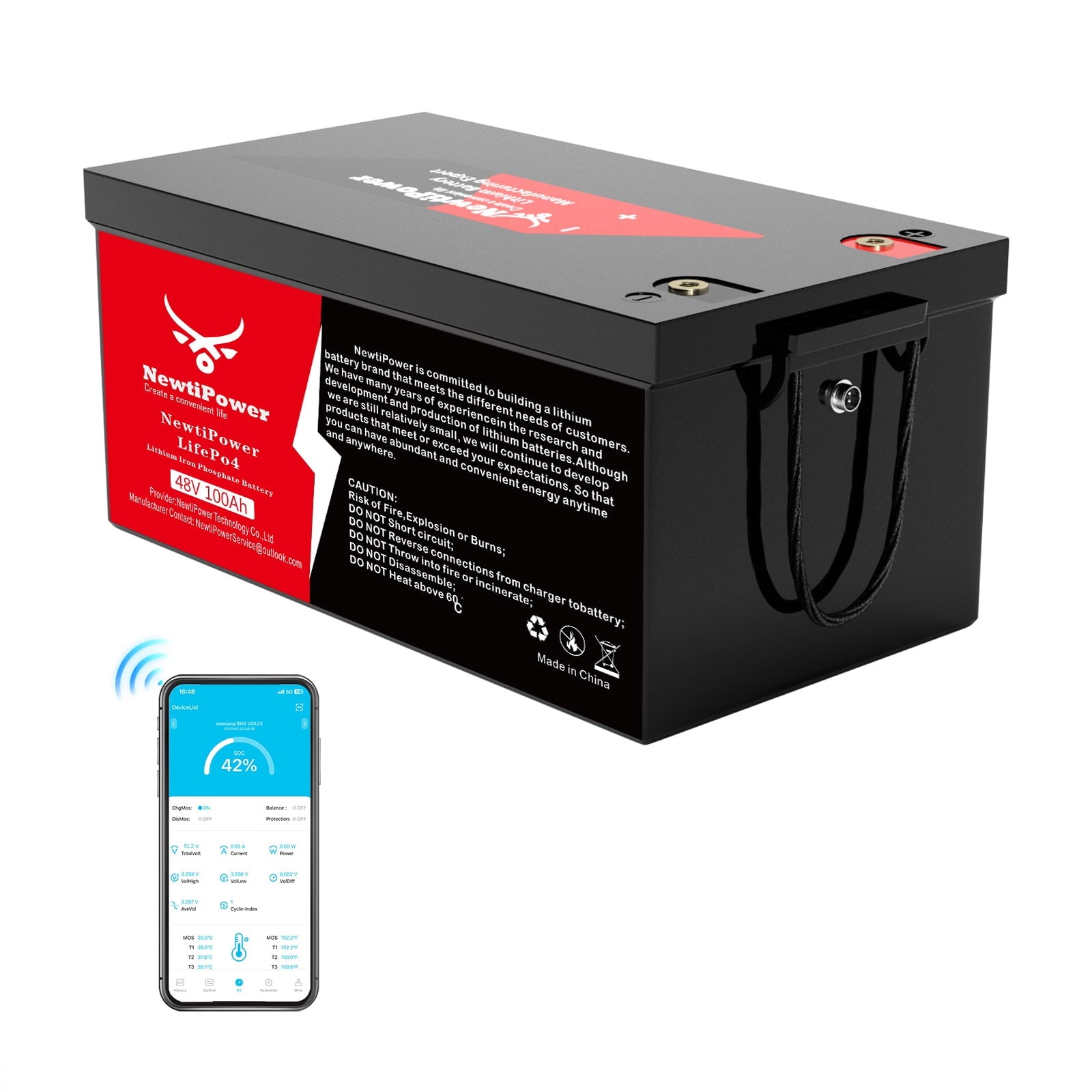 NewtiPower  36V 135Ah LiFepo4 Lithium Battery with 200A BMS&APP,  Top Post for Golf Cart