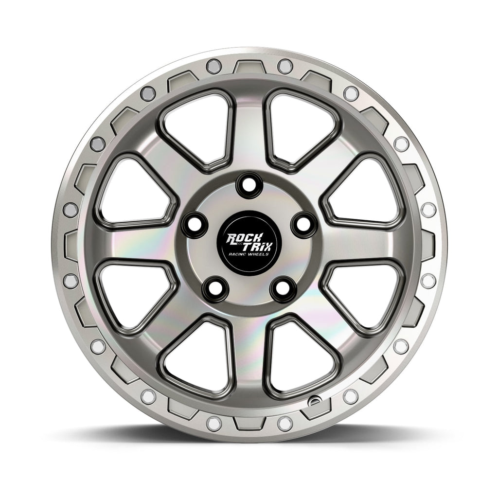 RockTrix RT116 17 inch Wheel Compatible with Jeep Wrangler JK JL 17x9 5x5 Wheels (-12mm Offset, 4.5in Backspace) 5x5 PCD, 71.5mm Bore, Gunmetal Gray Wheels, Also fits Gladiator JT Rims