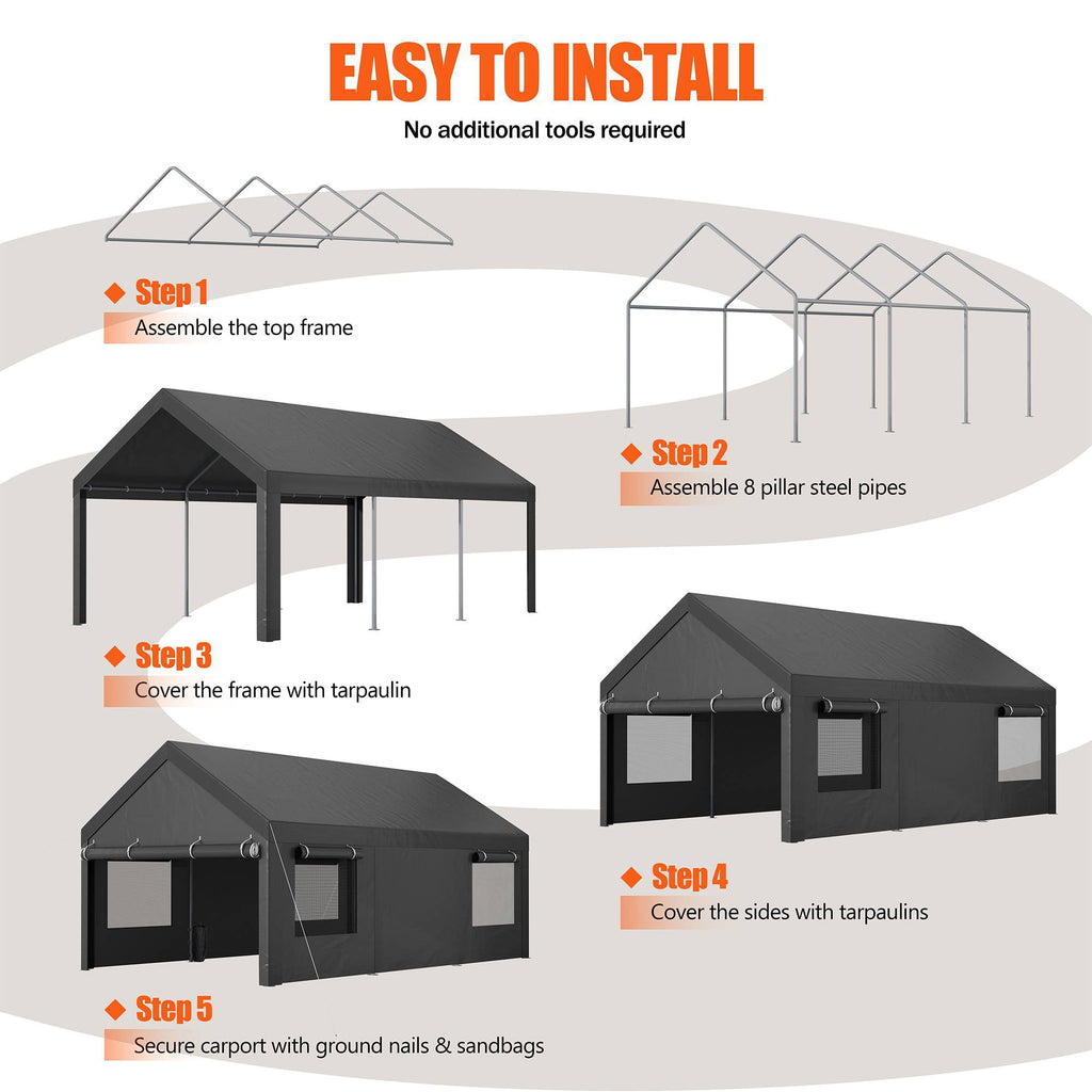 Walsunny 10x20 ft Carport with 4 Sandbags Heavy Duty Car Canopy with Roll-up Windows Portable Garage with Removable Sidewalls & Doors Khaki