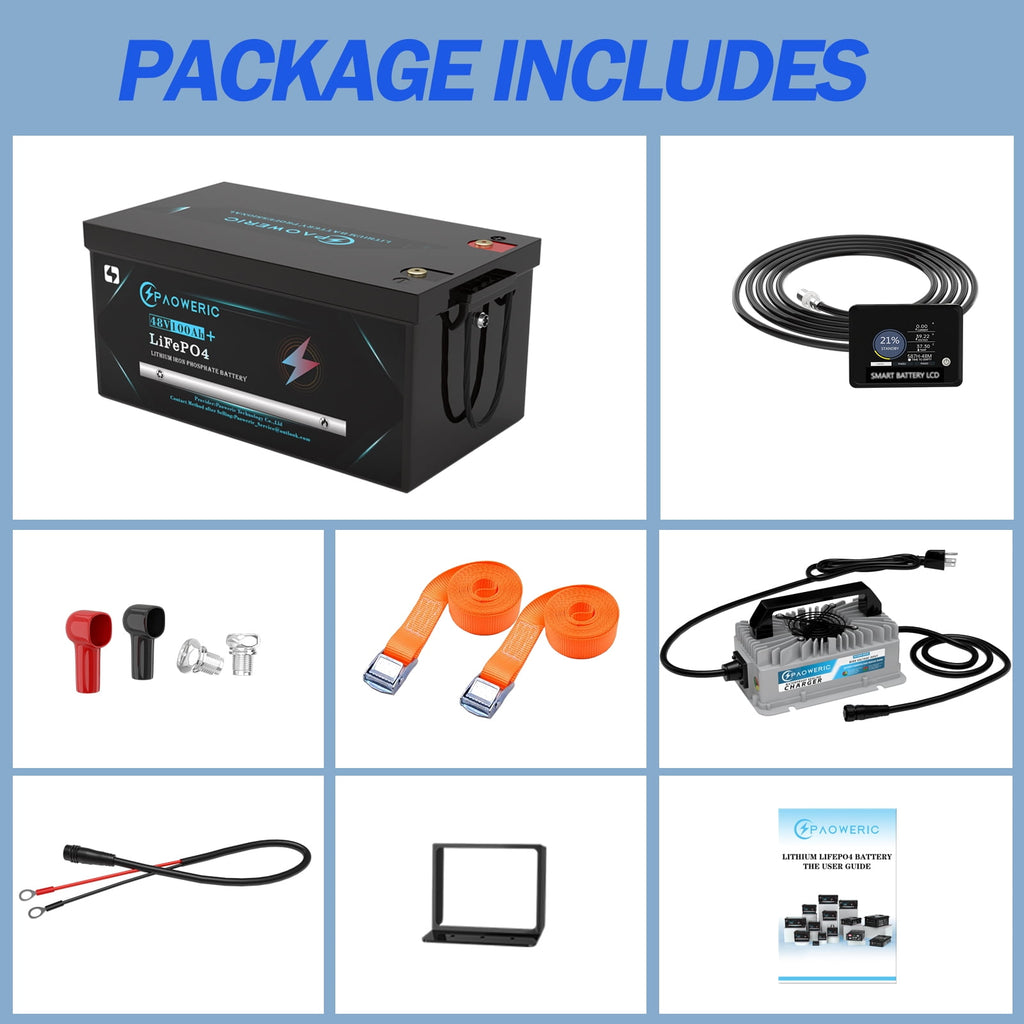 Paoweric 48V 100Ah LiFePO4 Lithium Golf Cart Battery with Charger, Perfect for Golf Cart, Trolling Motor