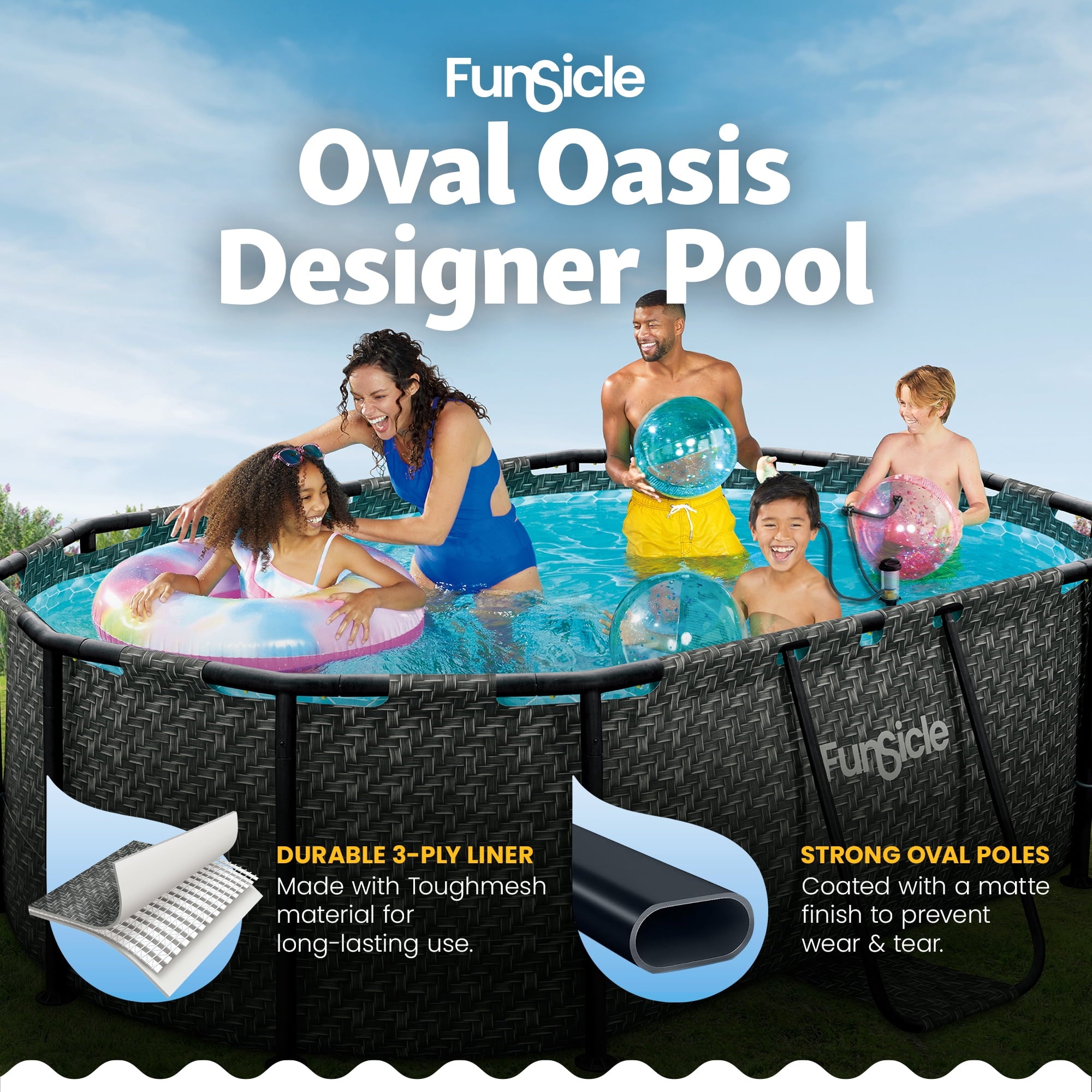 Funsicle 13'11 Oasis Designer Above Ground Pool with Pump, Oval Frame, Dark Herringbone