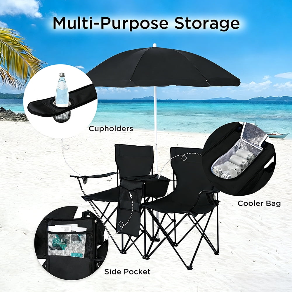 COWIN Outdoor Foldable Picnic Double Chair ,Camping Chairs with Umbrella Camping Double Portable Chairs Folding Beach Chair with Insulation Bag,Backpacking Blue
