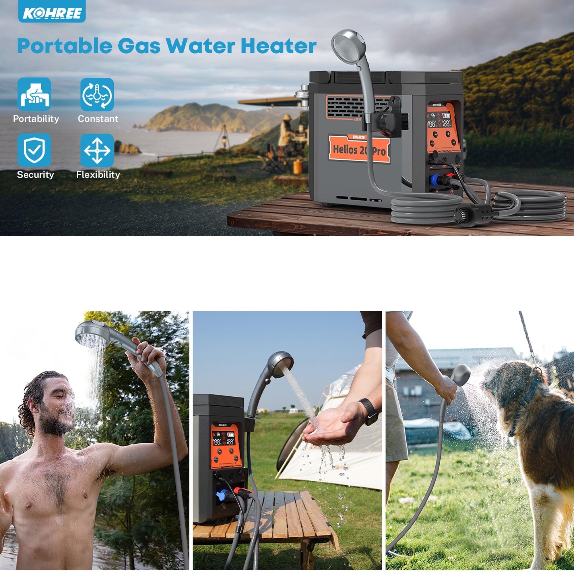 Kohree Helios 20 Pro, Portable Water Heater for RV Camping, Propane On-Demand Water Heater 20,000 BTU 4000mAh 1.6h Rechargeable Battery for Camping Outdoor Use