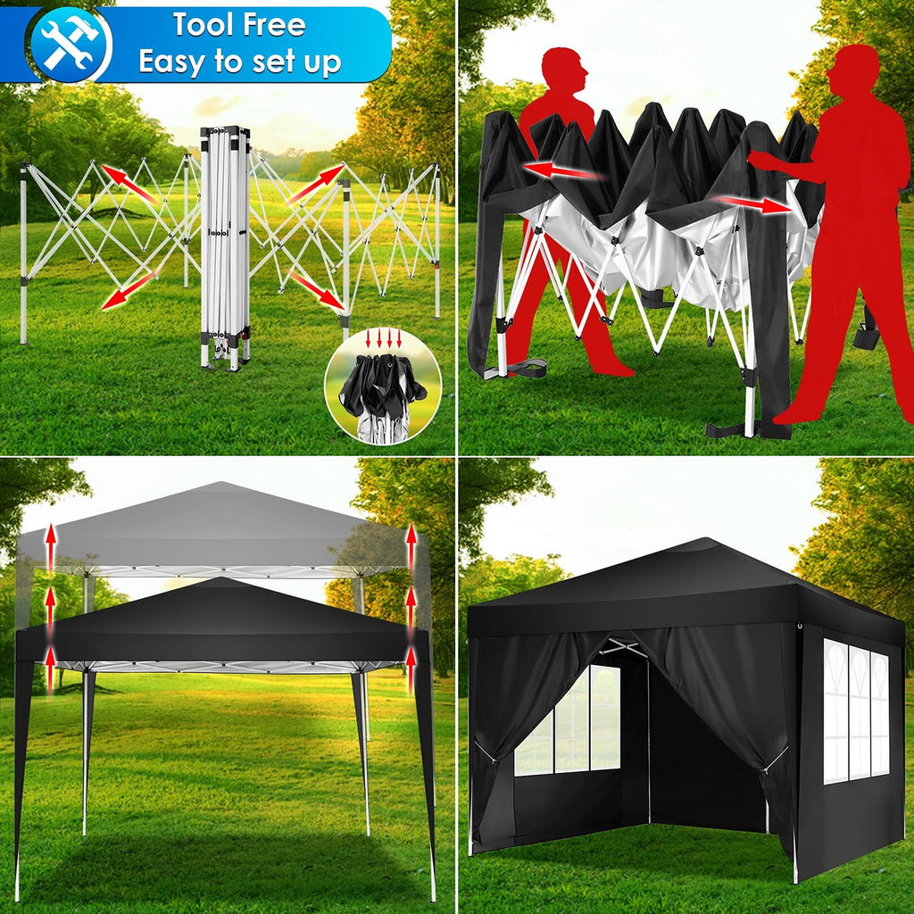 HOTEEL 10x10ft Popup Canopy Waterproof Canopy with 4 Sidewalls Outdoor Commercial Instant Shelter Beach Camping Canopy Tent for Party, Black
