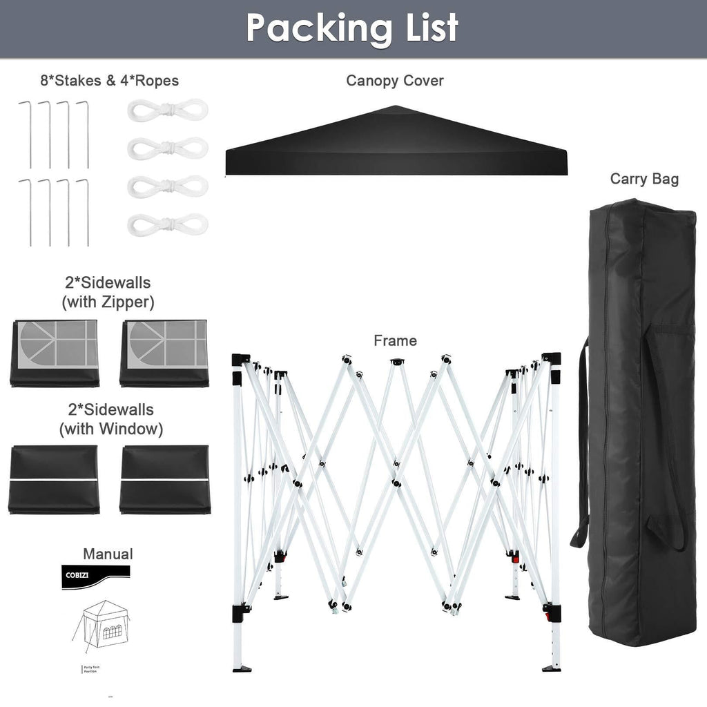 HOTEEL 10x10ft Popup Canopy Waterproof Canopy with 4 Sidewalls Outdoor Commercial Instant Shelter Beach Camping Canopy Tent for Party, Black