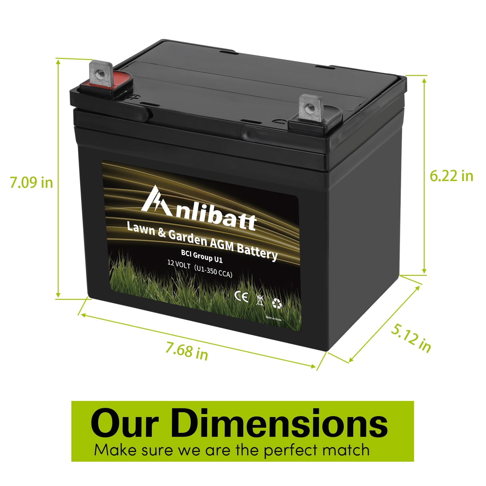 Anlibatt Lawn and Garden AGM Battery, Group Size U1 12 Volt, 350 CCA 33 Amp, Top Post for Lawn Mower/Tractor