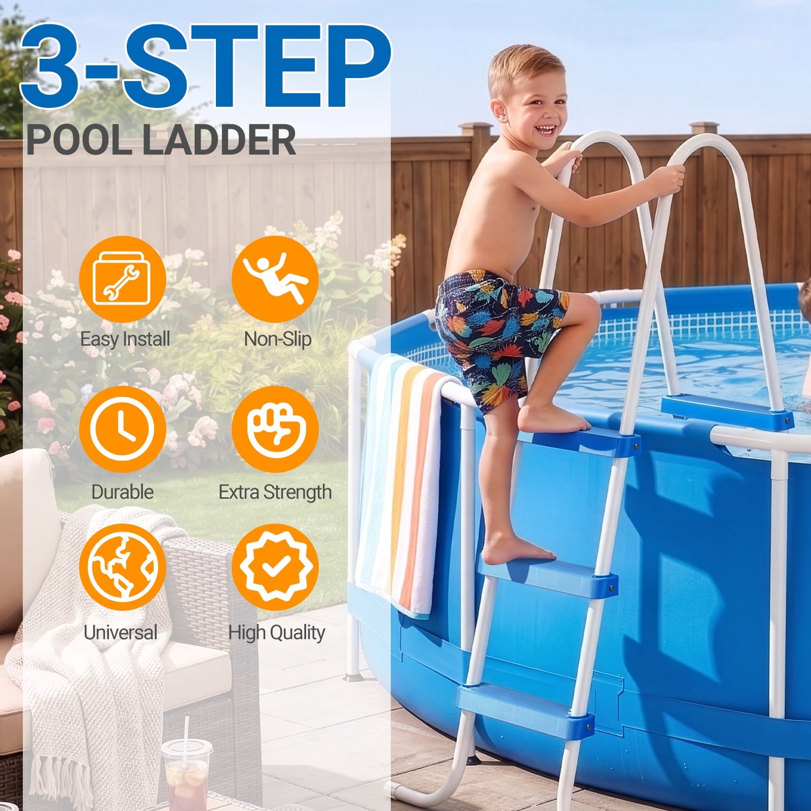 Ktaxon 52 4Step Steel Frame Above Ground Swimming Pool Ladder,Heavy Duty Double Sided Removable Pool Steps with Ladder Escape