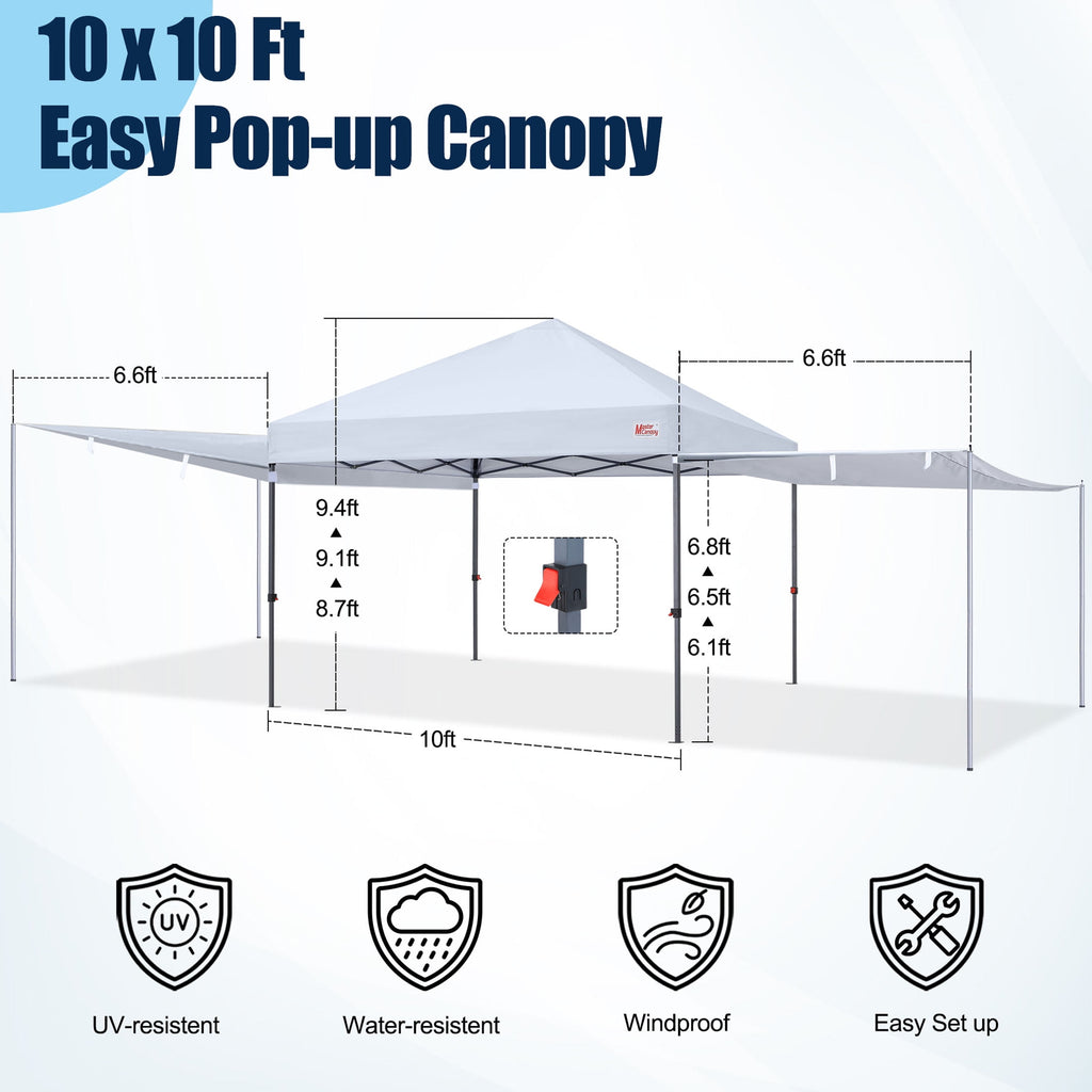 MASTERCANOPY 10 x 10ft Pop-up Canopy Tent with 2 Detachable Side Shades, White