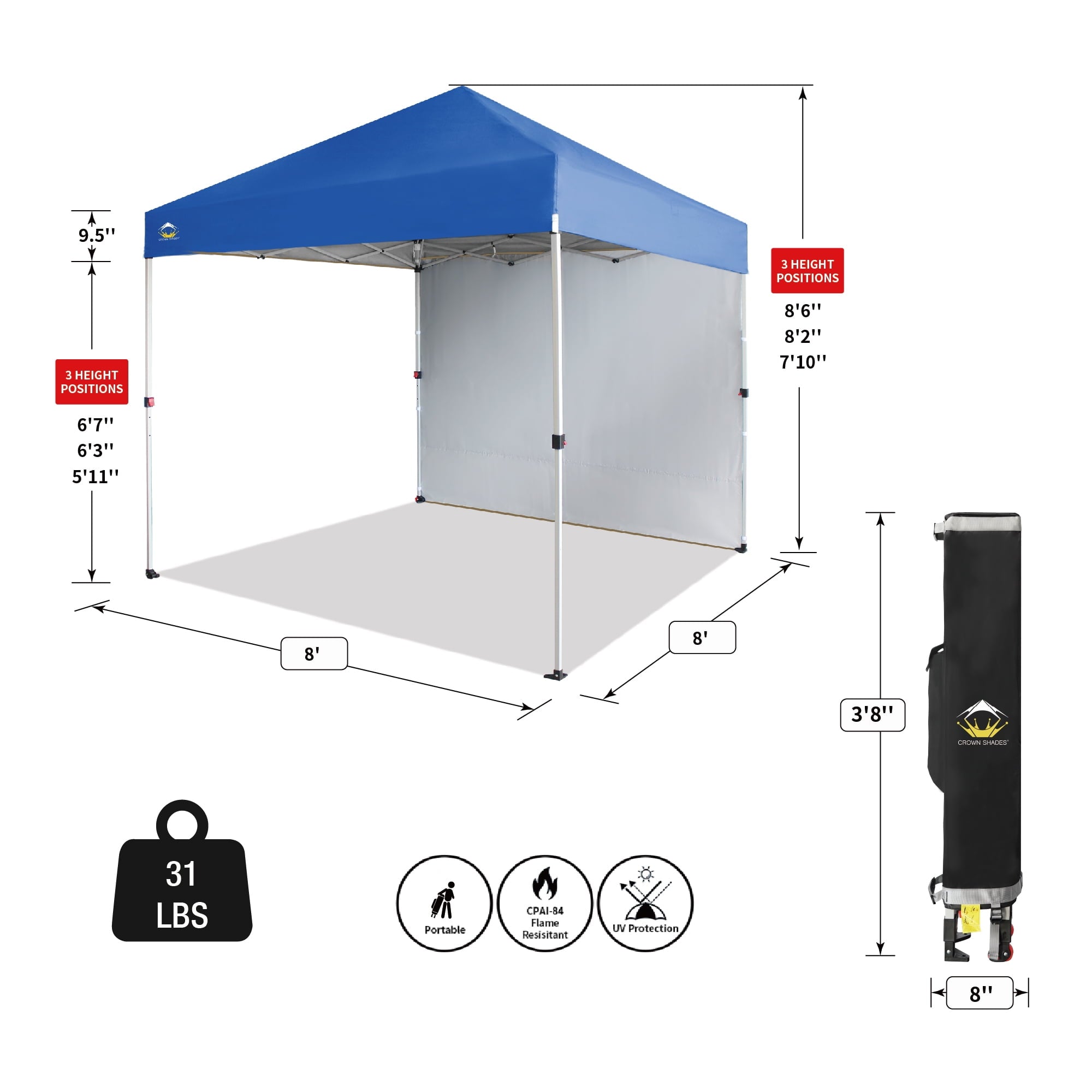 CROWN SHADES 10'x10' Instant Canopy Tent with 1 Sidewall with One Push Setup Sun Shelter for Events Parties Sky Blue
