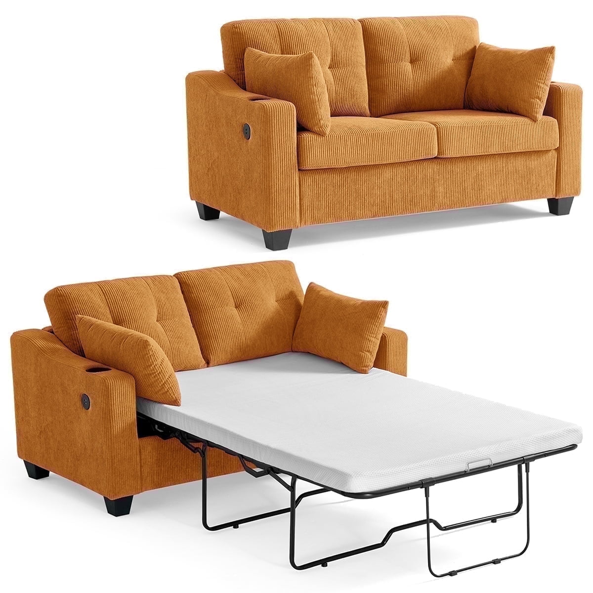 CHIC HOUSE Pull Out Sofa Bed Couch Queen Size with Mattress USB, Convertible Sleeper Sofa Loveseat for Small Spaces RV, Corduroy Pull Out Couch Bed for Living Room with Cup Holders LED Lights, Beige