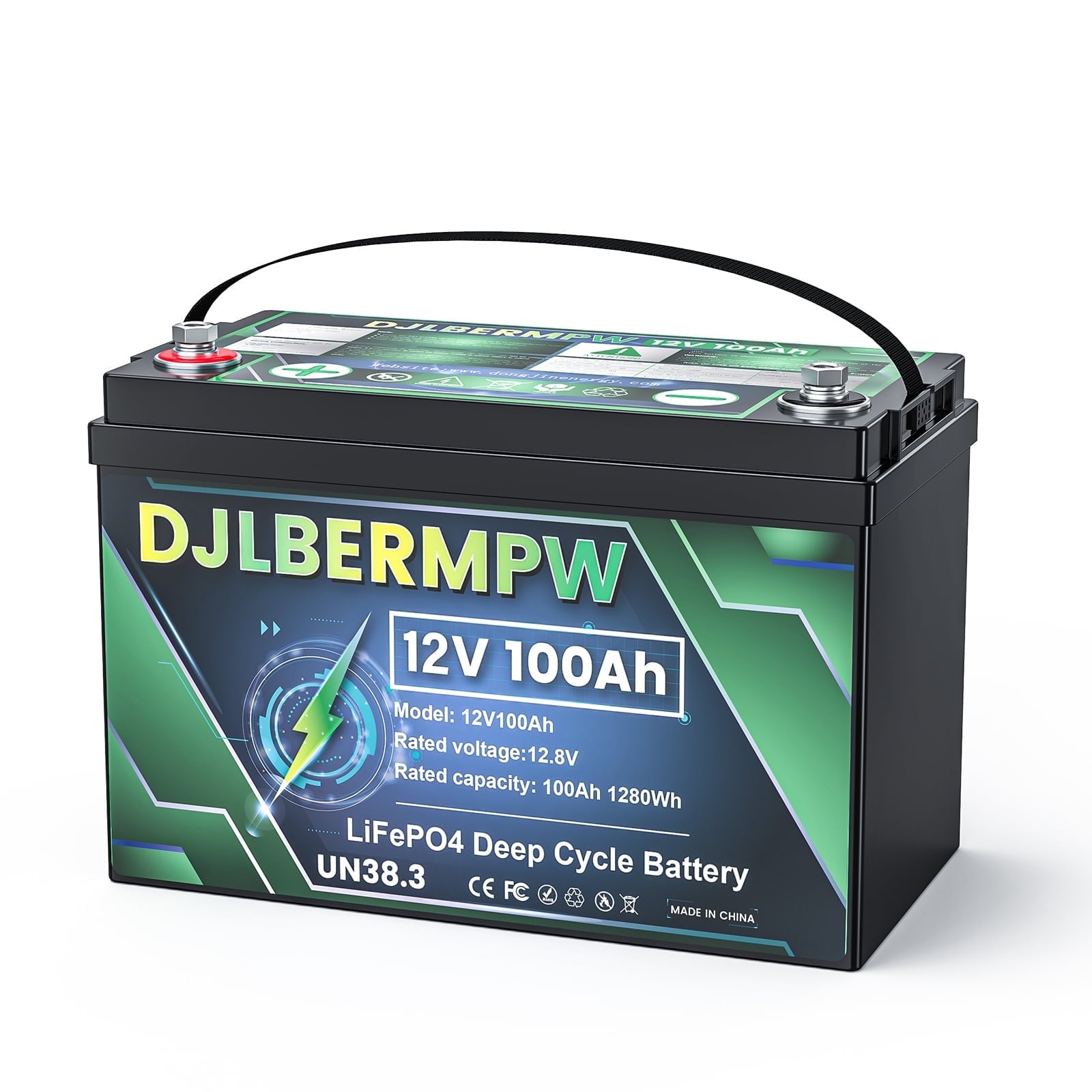 4Pack 12V 100Ah LiFePO4 Lithium Battery, DJLBERMPW 15000+ Deep Cycle Battery 100A BMS for 3HP Golf Cart, Marine, Backup Power, Solar System