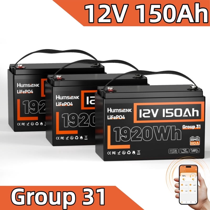 HumsiENK 12V 150Ah LiFePO4 Battery Group 31 Lithium Battery with Bluetooth Deep Cycle Battery 110A BMS, 15000+ Cycles for Solar, RV, Marine, Off-Grid, Travel Trailers – Lightweight