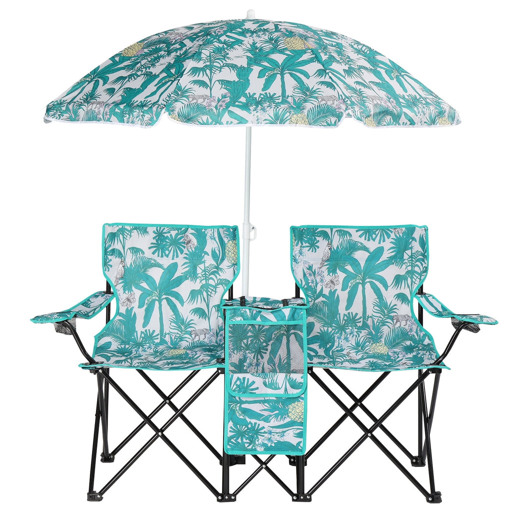 Ktaxon Camping Loveseat Chair, Folding Double Outdoor Chair with Removable Sun Umbrella & Carrying Bag, Double Chairs with Cooler Bag for Lawn Fishing Outdoor, Gray