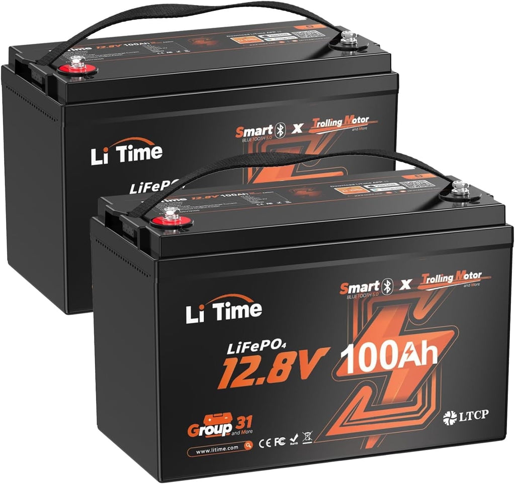 LiTime 12V 100Ah TM Bluetooth Lithium LiFePO4 Battery Low Temp Protection 1280W for Trolling Motor