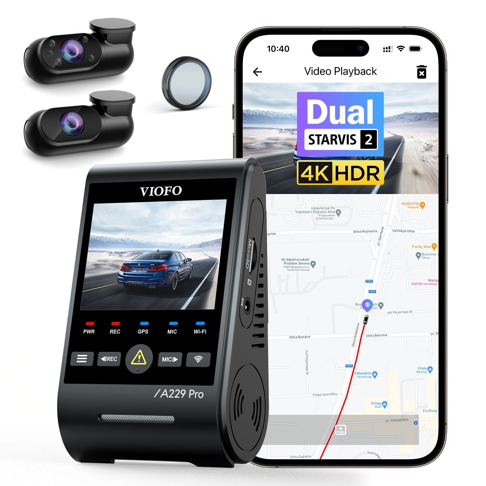 VIOFO A229 Pro 4K HDR Dash Cam, Dual STARVIS 2 IMX678 IMX675, 4K+2K Front and Rear Car Camera, 2 Channel with HDR, Voice Control, 5GHz WiFi GPS, Night Vision 2.0, 24H Parking Mode, Support 512GB Max