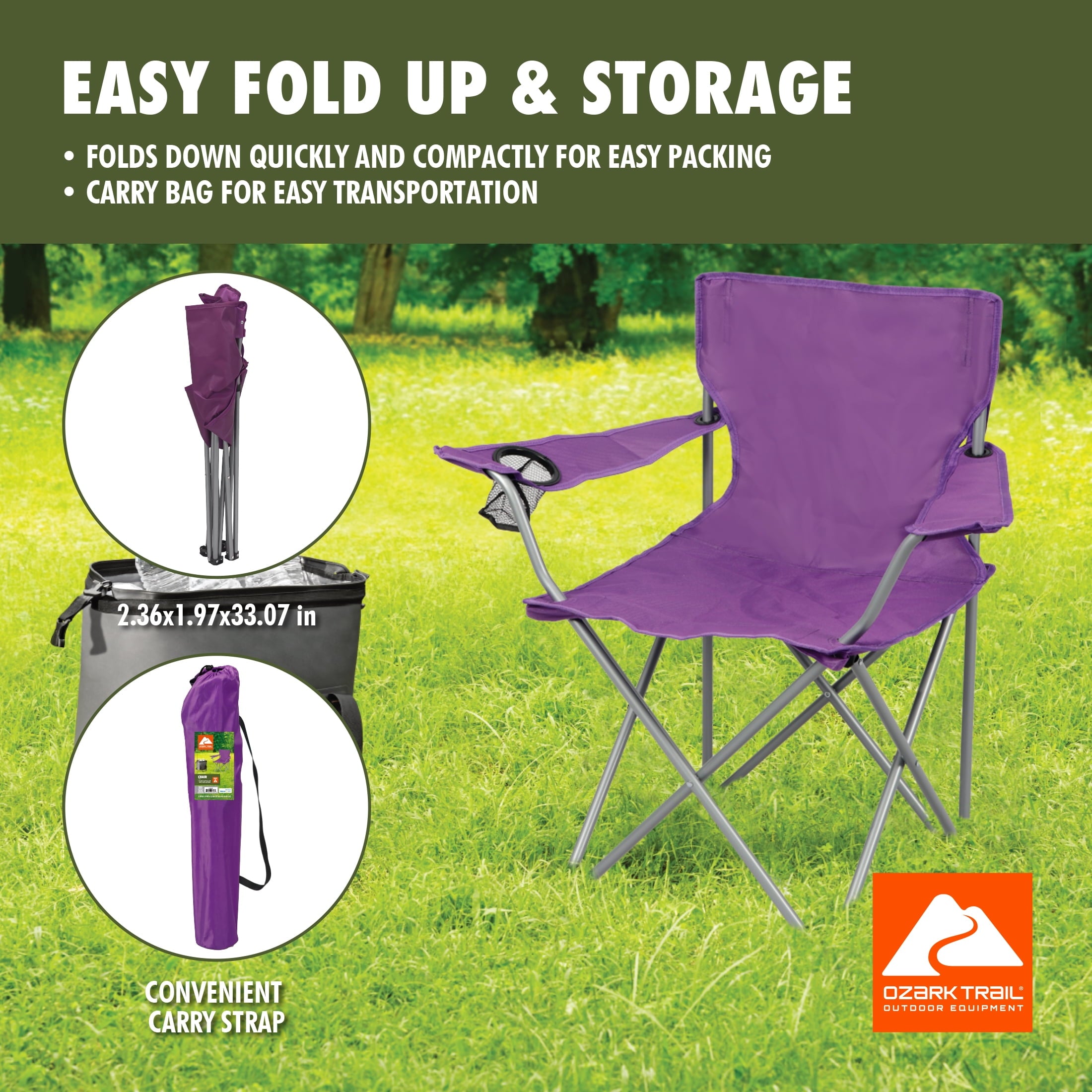 Ozark Trail Quad Folding Camp Chair with Cup Holder, Black