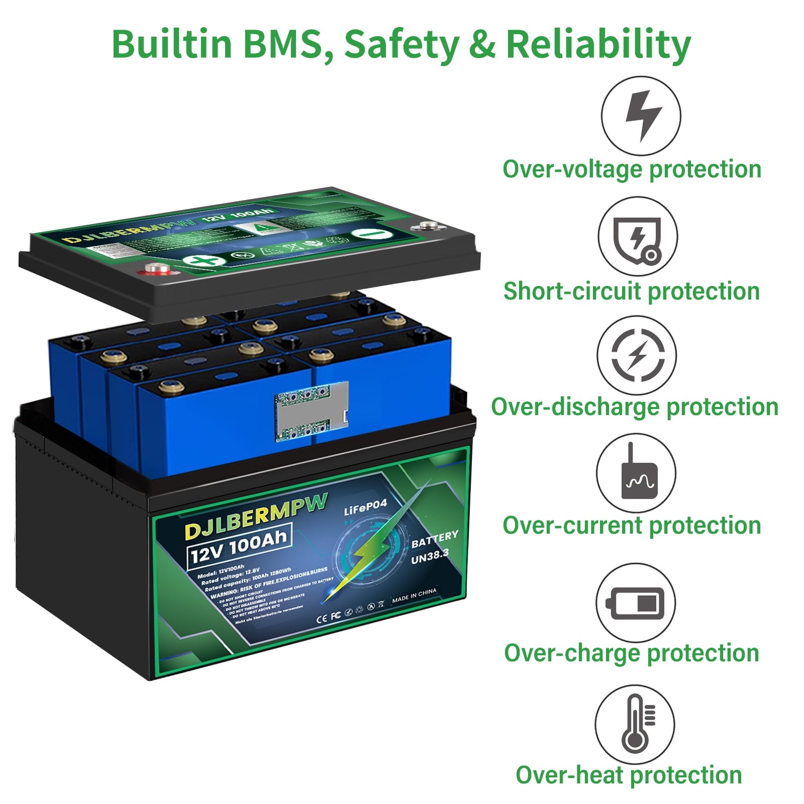 DJLBERMPW LiFePO4 Battery 36V 100Ah Lithium Battery, Built-in 100A BMS,15000+ Deep Cycles 36V Golf Cart Battery 3840Wh for Marine Boat, Trolling Motor, RV, Solar, Kayak Cart