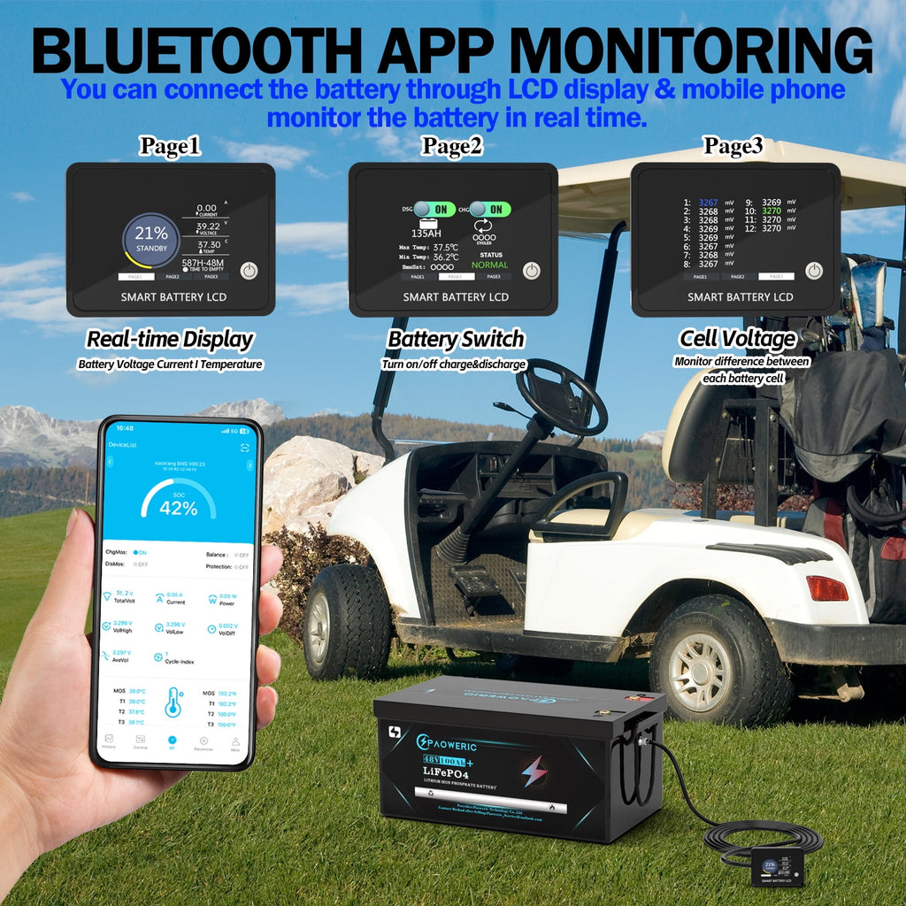 36V 100Ah LiFePO4 Lithium Battery for Golf Carts with Charger, Smart 200A BMS, LCD Display, and App Control, Up to 7680W Output, Ideal for Golf Carts and Trolling Motors