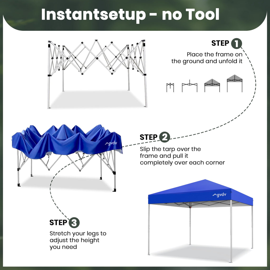 GVDV Canopy Tent, 10x10 ft Easy Pop up Outdoor Canopy Tent, Portable Straight Leg Gazebo Instant Canopy, Blue