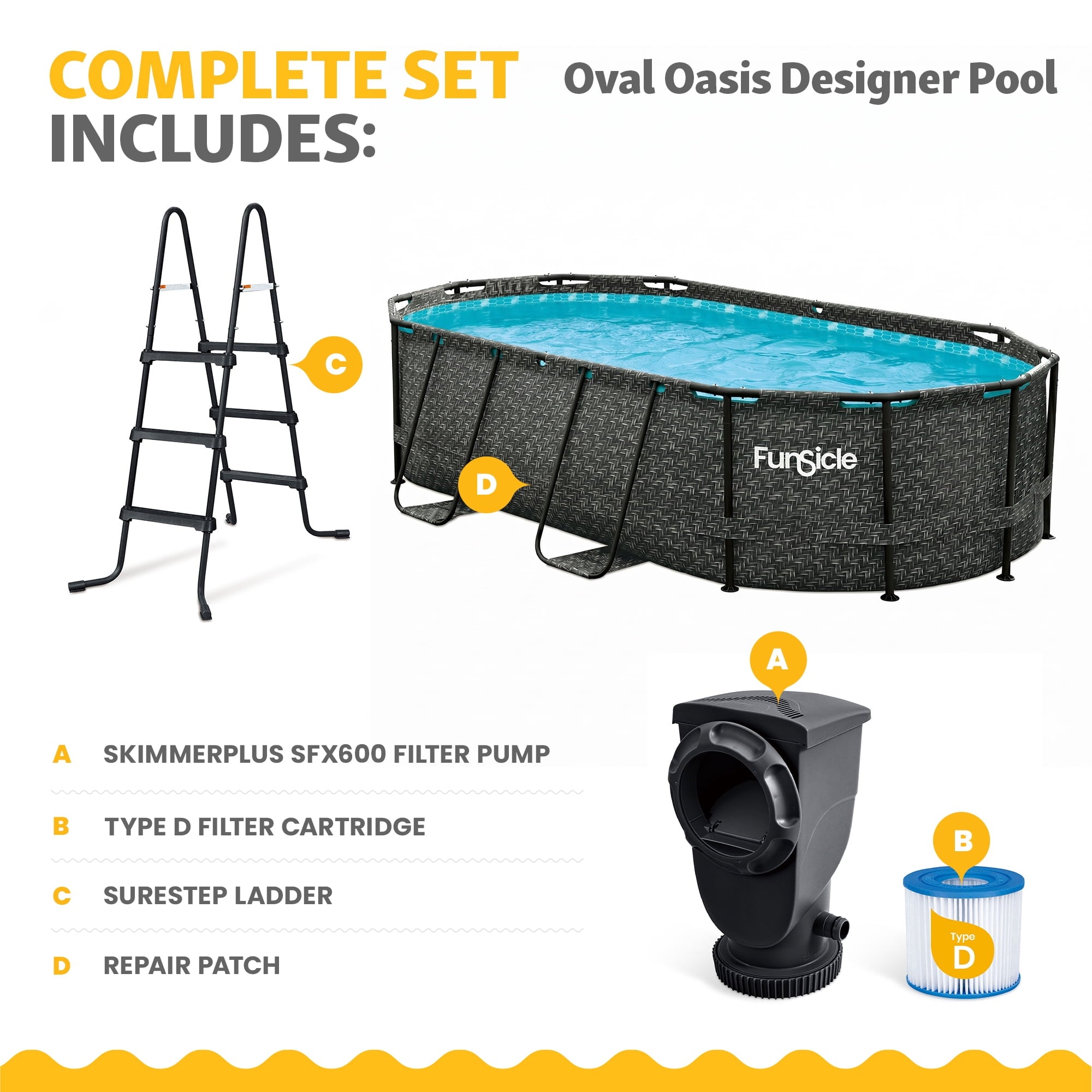 Funsicle 13'11 Oasis Designer Above Ground Pool with Pump, Oval Frame, Dark Herringbone