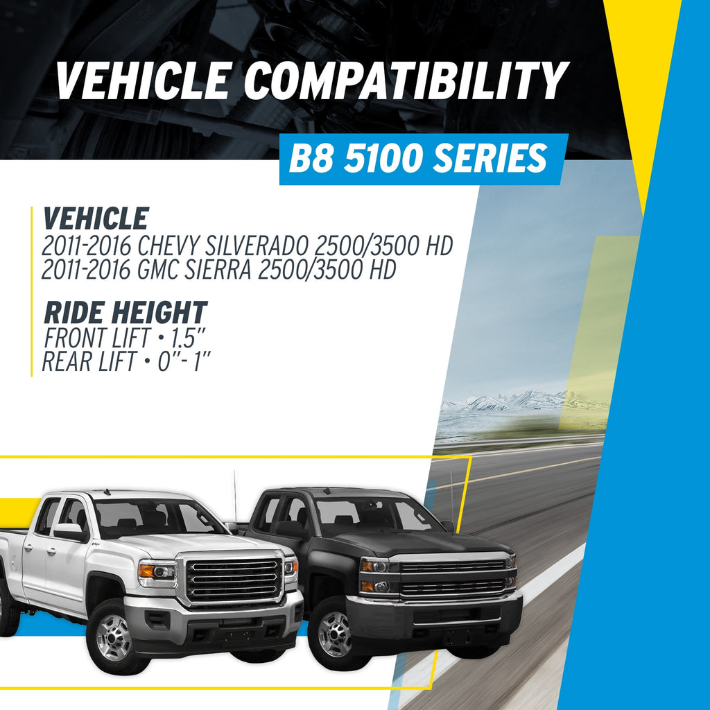 Bilstein Set of Front and Rear B8 5100 Series Shocks with Steering Stabilizer Compatible with 2011-2016 Silverado / Sierra 2500 / 3500 HD with 1.5 Front & 0-1 Rear Lift