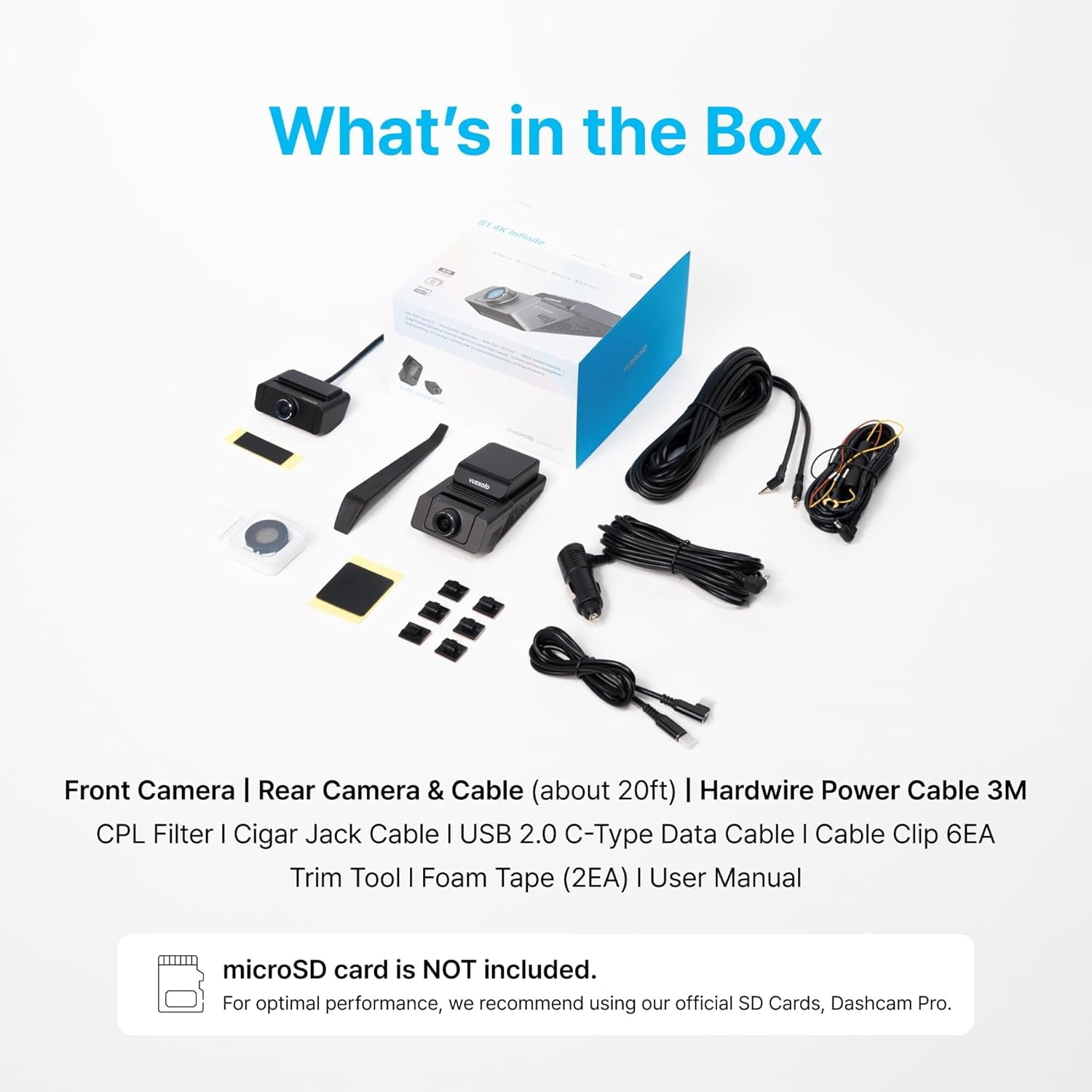 Vueroid S1 Infinite 4K 2CH Dash Cam | 4K+2.5K Sony STARVIS 2 | Privacy Mode | GPS | WiFi | DuraShift Parking Mode | CPL Filter & 256GB Card Included