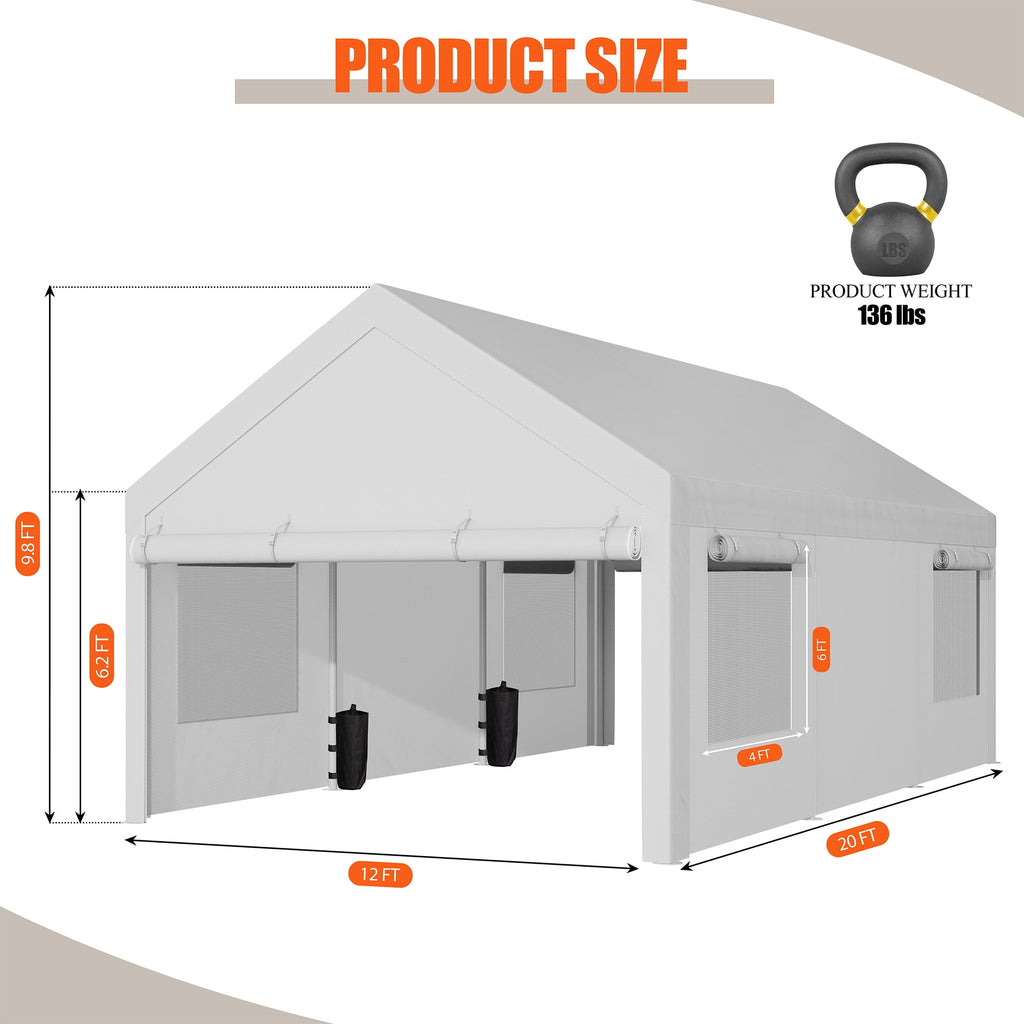 Walsunny 10x20 ft Carport with 4 Sandbags Heavy Duty Car Canopy with Roll-up Windows Portable Garage with Removable Sidewalls & Doors Khaki