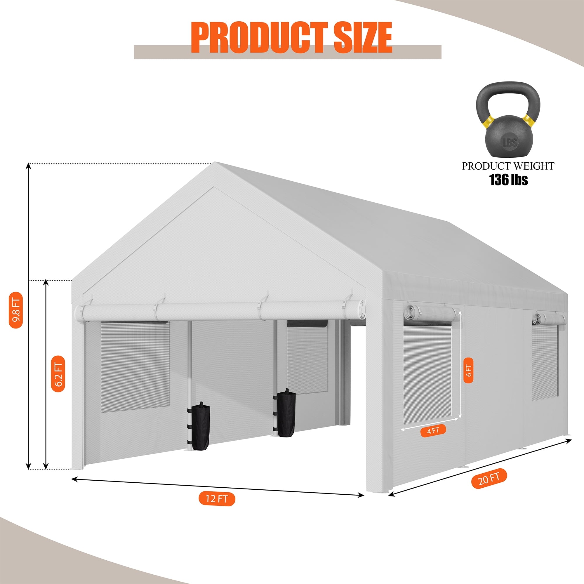 Walsunny 10x20 ft Carport with 4 Sandbags Heavy Duty Car Canopy with Roll-up Windows Portable Garage with Removable Sidewalls & Doors Khaki