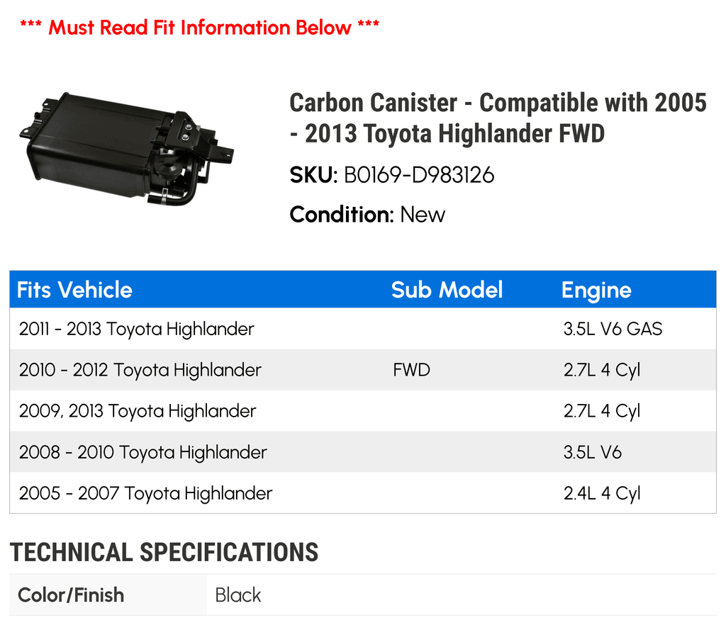 Carbon Canister - Compatible with 2005 - 2013 Toyota Highlander FWD 2006 2007 2008 2009 2010 2011 2012