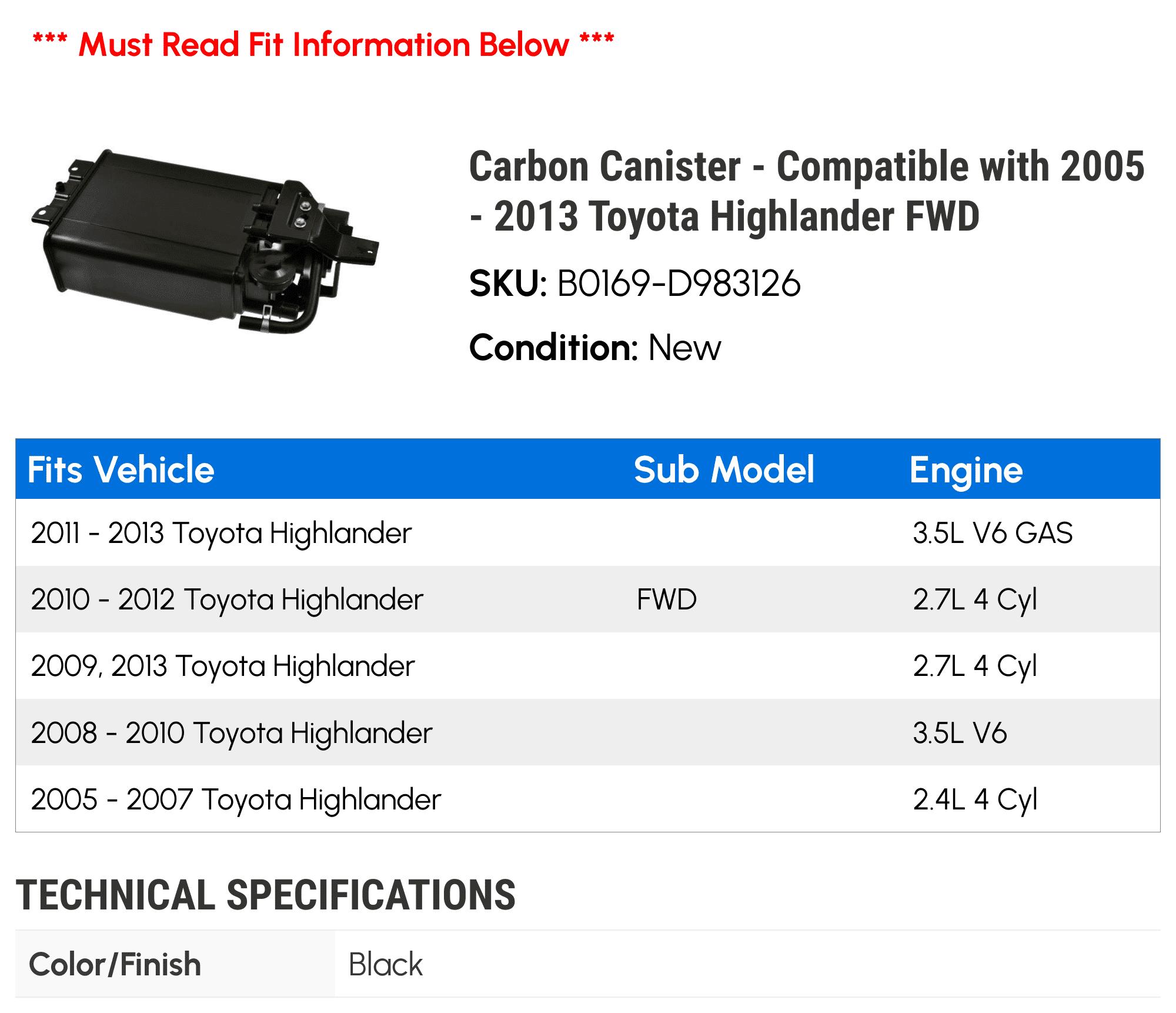 Carbon Canister - Compatible with 2005 - 2013 Toyota Highlander FWD 2006 2007 2008 2009 2010 2011 2012